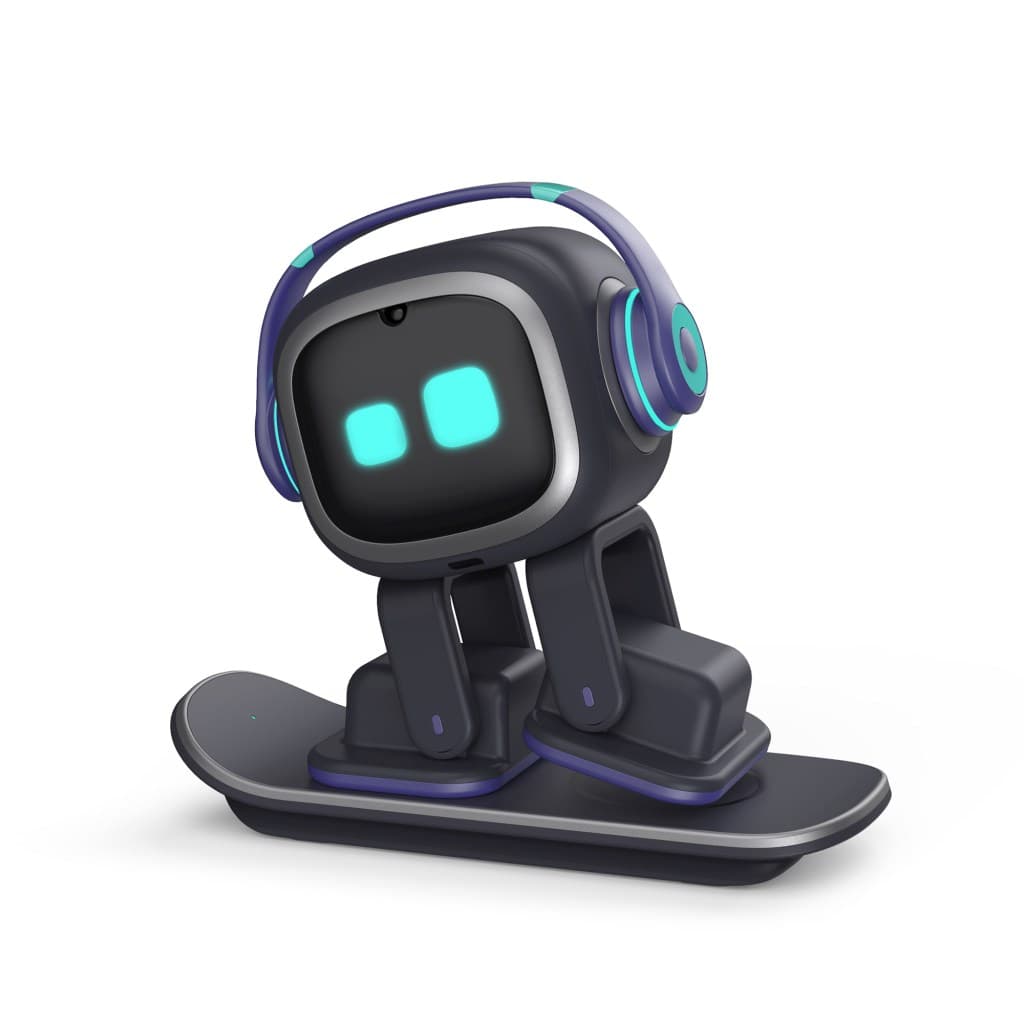 EMO desktop robot pet standing on its skateboard charger