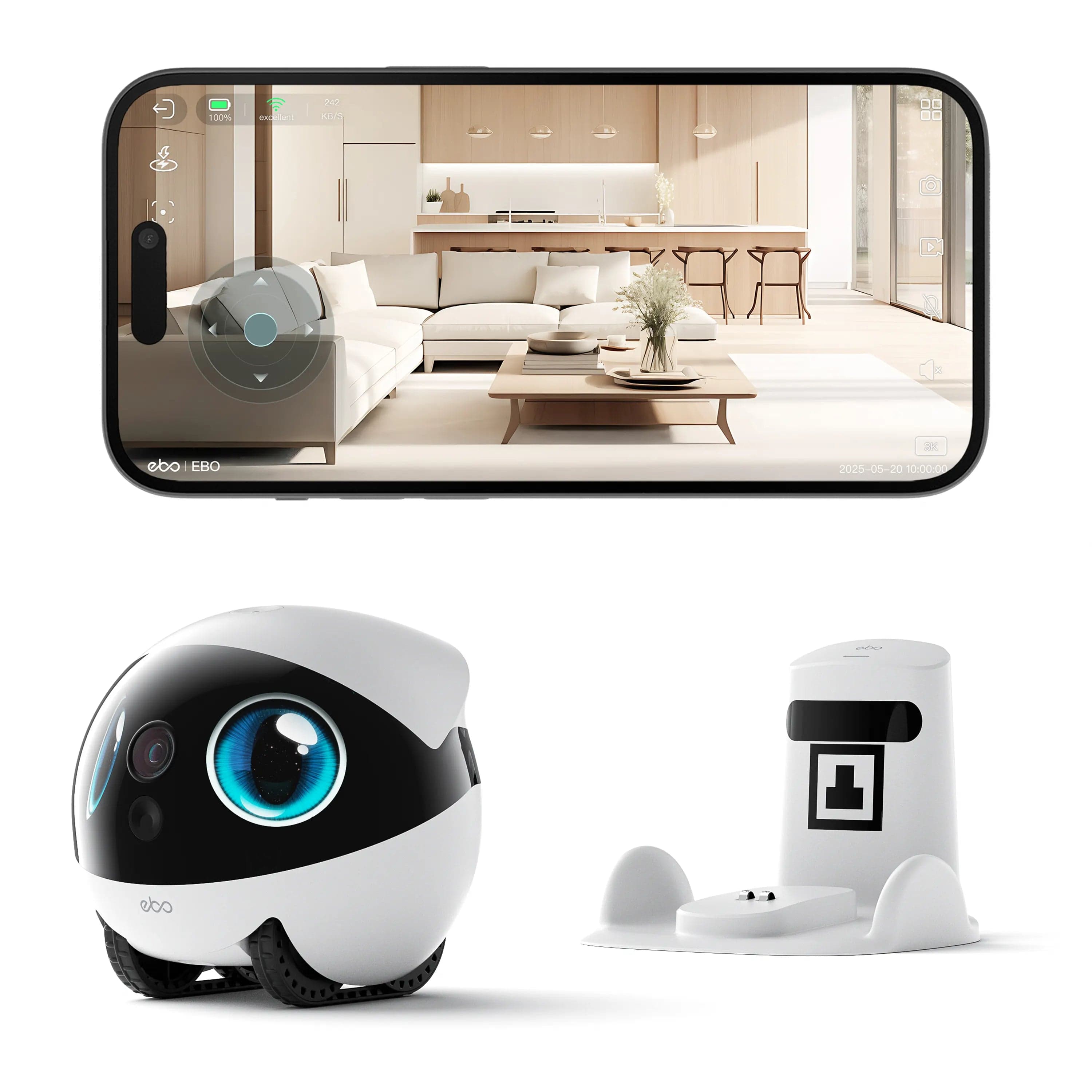 Enabot EBO Air 2S beside its charging dock and mobile app