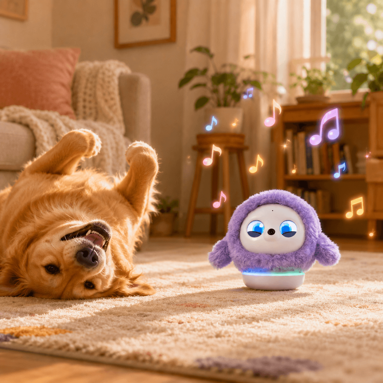 Ropet KAMOMO plush companion robot beside a small dog