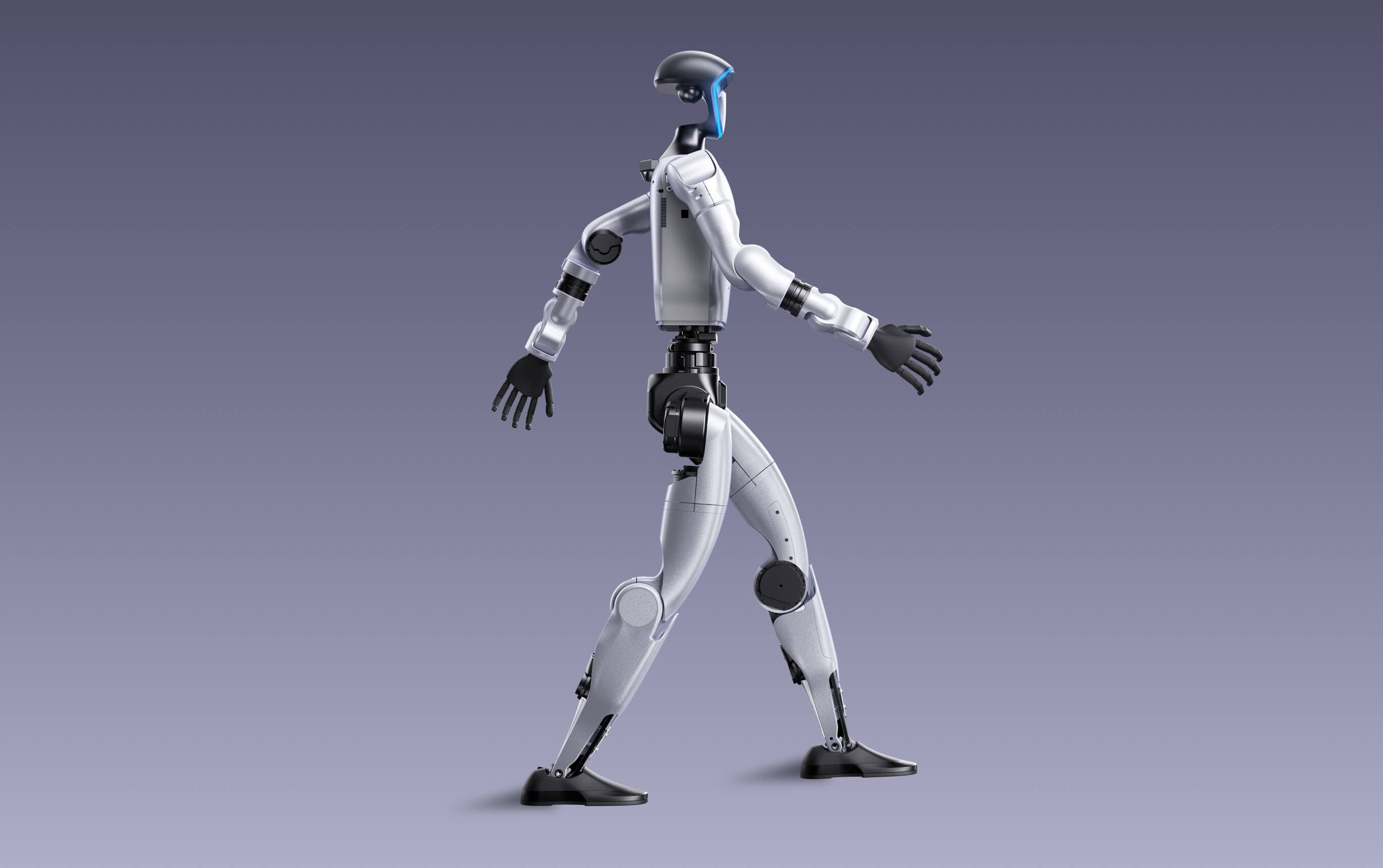 Unitree G1 humanoid robot walking in an official studio image