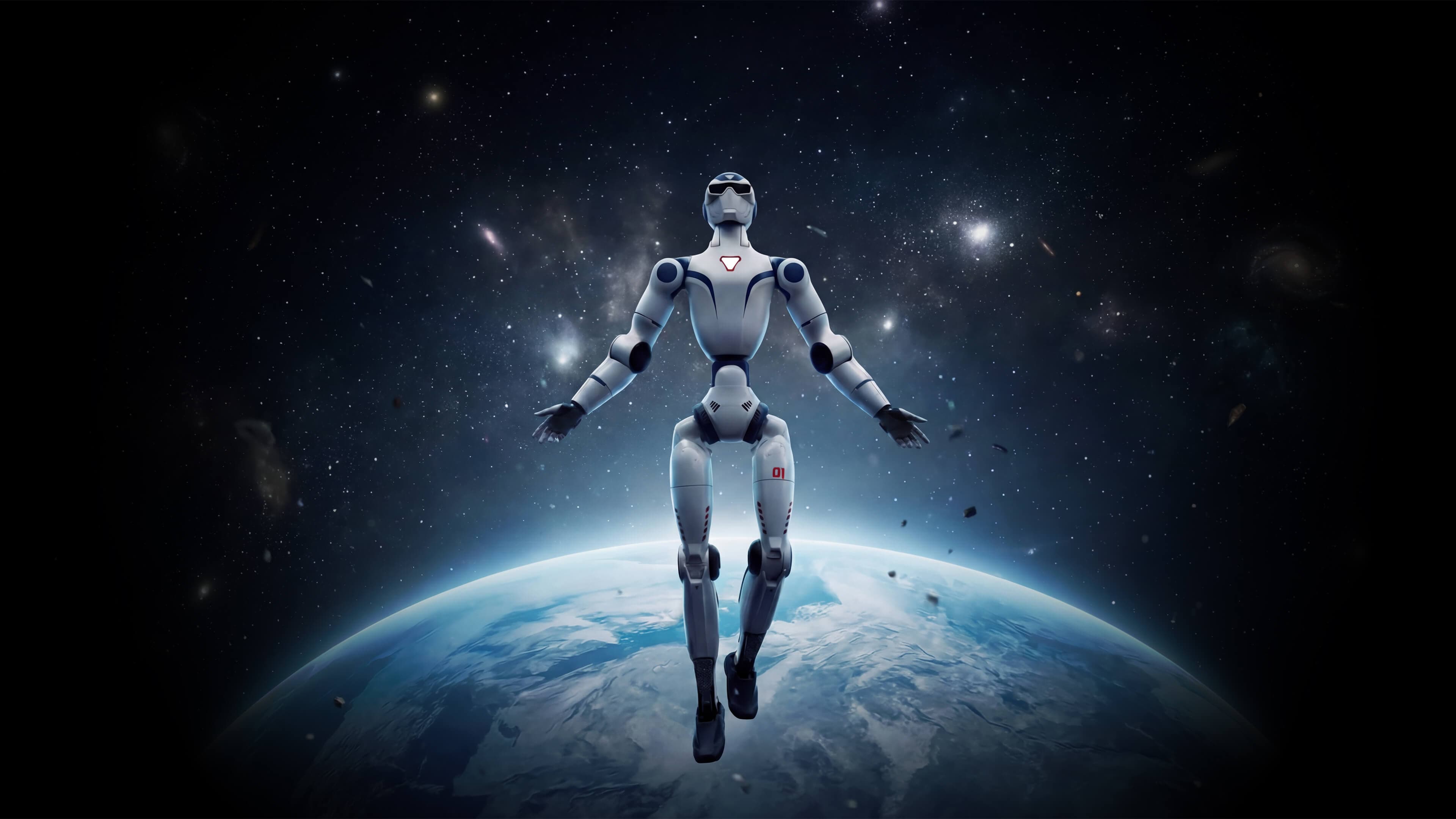Unitree R1 humanoid robot shown above Earth in an official promotional image